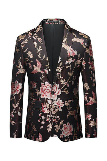 Svart blomst jacquard hakket lapel menn blazer